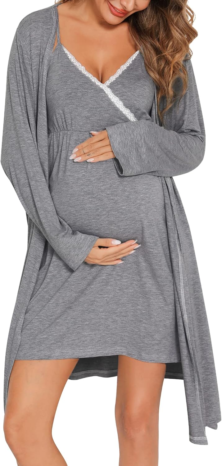 SWOMOG Womens Maternity Robe 2 Piece Nursing Nightgown Set
