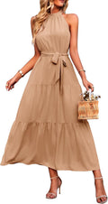Floral Maxi Halter Sun Dress - Flowy Boho Ruffle Hem