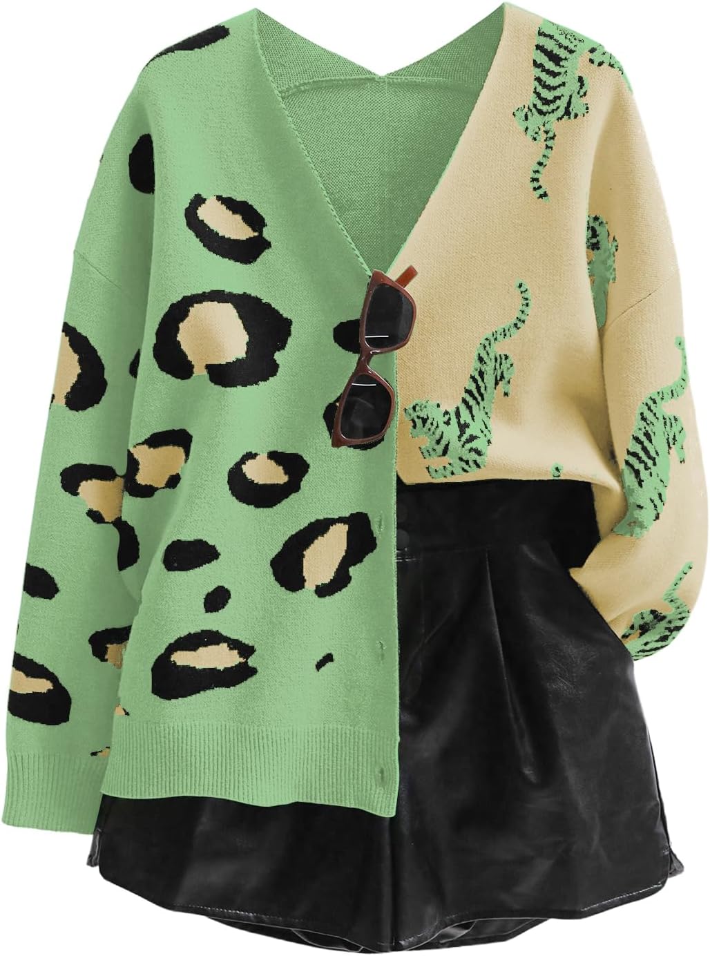 Leopard Tiger Print Cardigan V Neck Long Sleeve Sweater Outwear