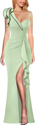 VFSHOW One Shoulder Ruffle Beaded Strap Ruched Slit Maxi Dress Size