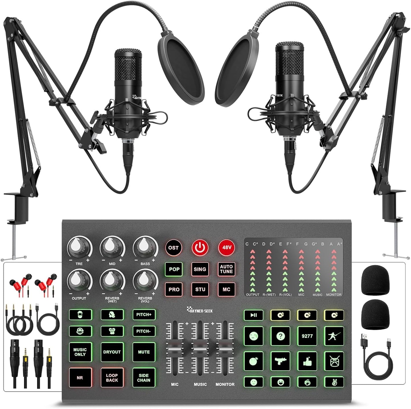 Podcast Equipment Bundle for 2 with Audio Interface Mixer
