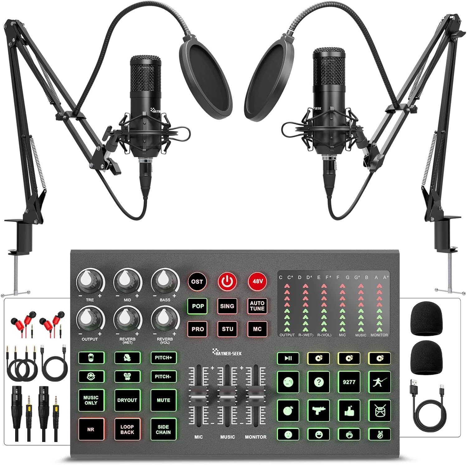 Podcast Equipment Bundle for 2 with Audio Interface Mixer