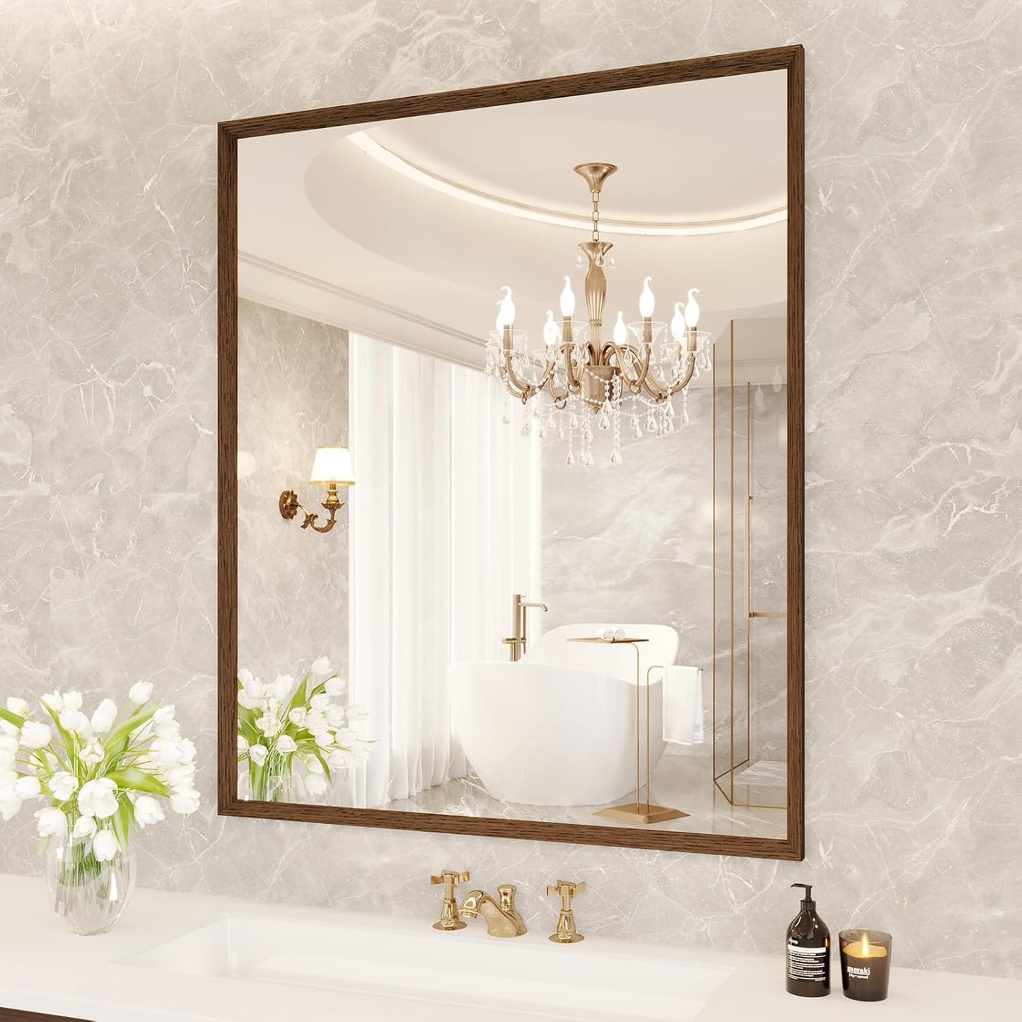 Rectangle Bathroom Mirror 30x36 Inch with Walnut Wood Frame