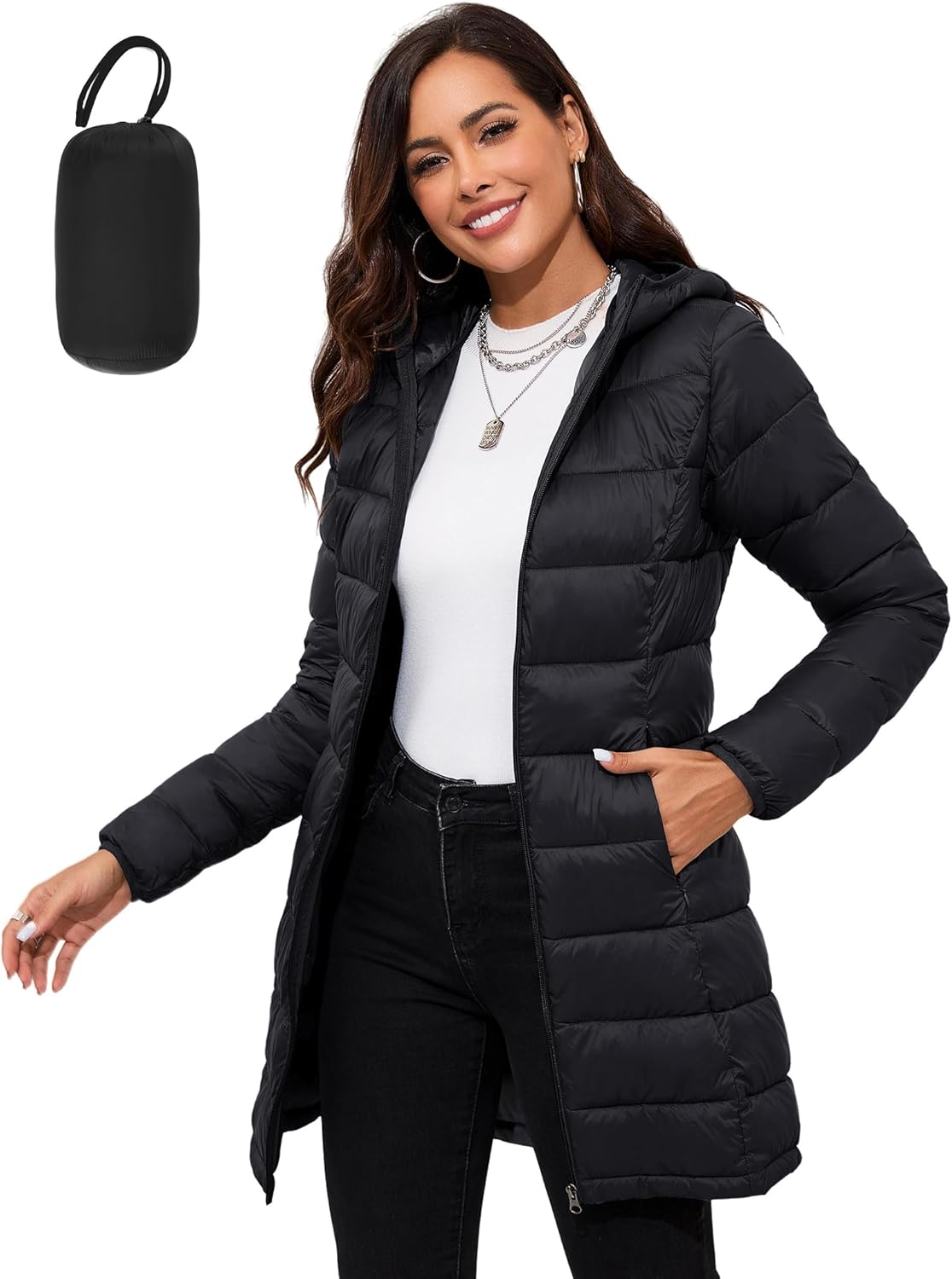 Packable Puffer Jacket for Women - Lightweight Hooded Design