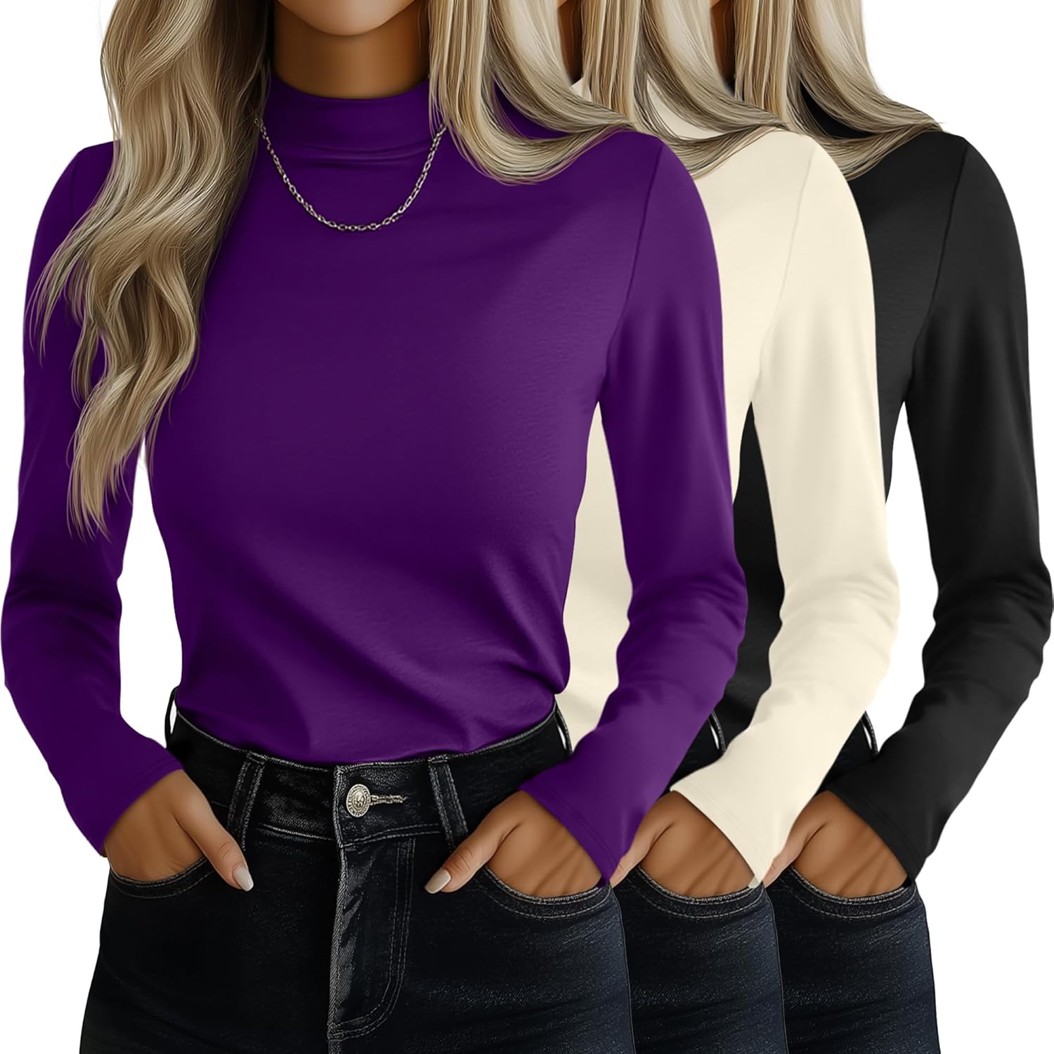Ficerd Women's Mock Turtleneck Shirts 3 Pack for Stylish Comfort