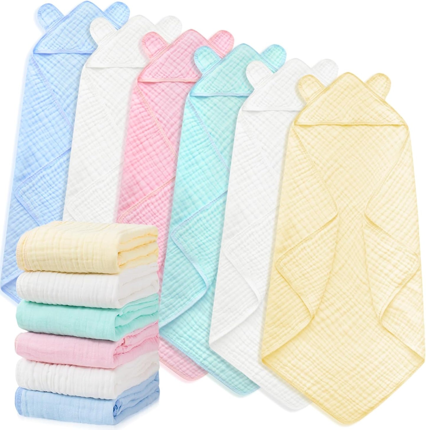 Preboun 6 Pcs Muslin Baby Hooded Towels for Newborns and Toddlers