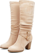 Ermonn Womens Mid Knee High Boots Chunky Heel Slouchy - Versatile