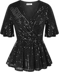 Sequin Ruffle Wrap Blouse V Neck Peplum Top - Sparkle Party Wear