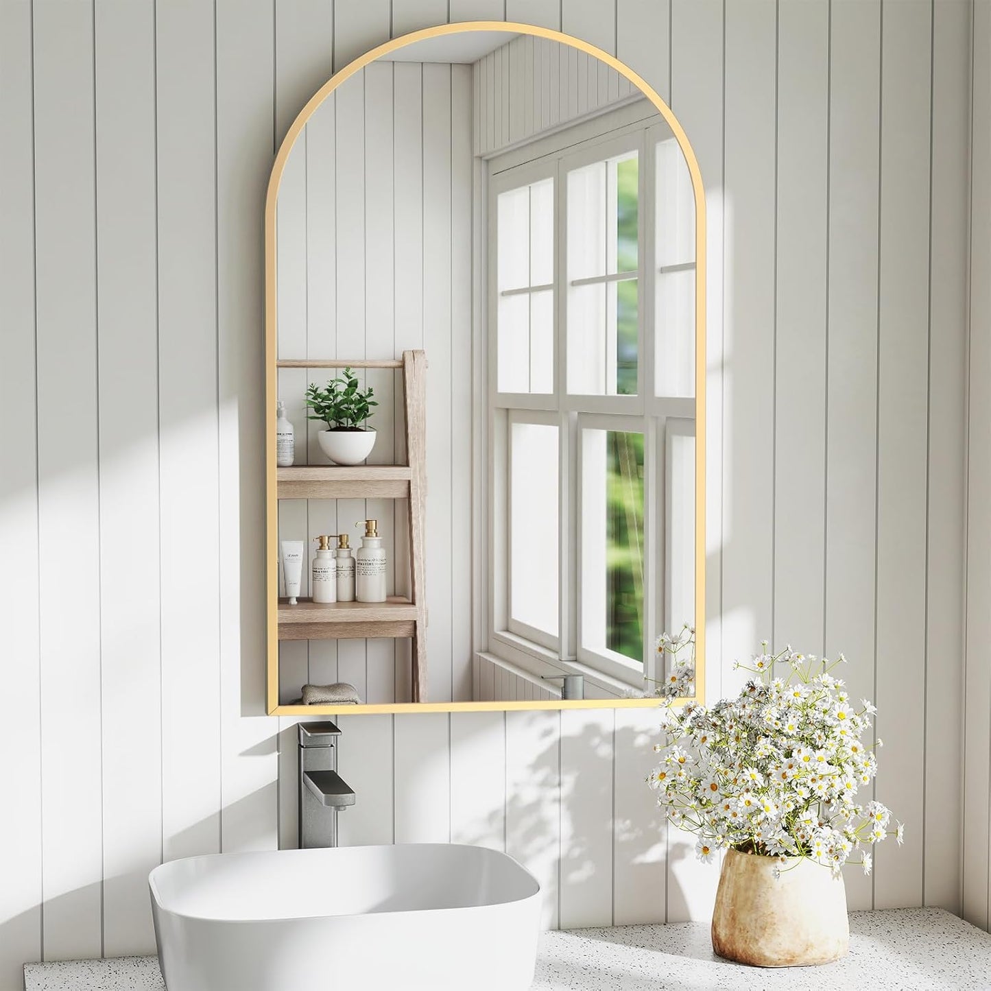 DUMOS Gold Metal Arch Vanity Mirror for Modern Bathroom Decor