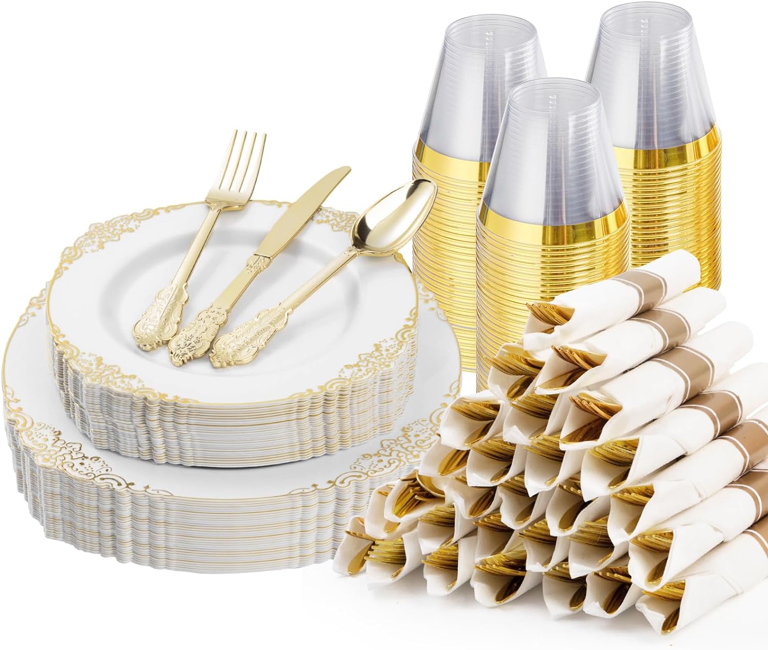 175PCS Gold Plastic Plates for 25 Guests - Elegant Dinnerware