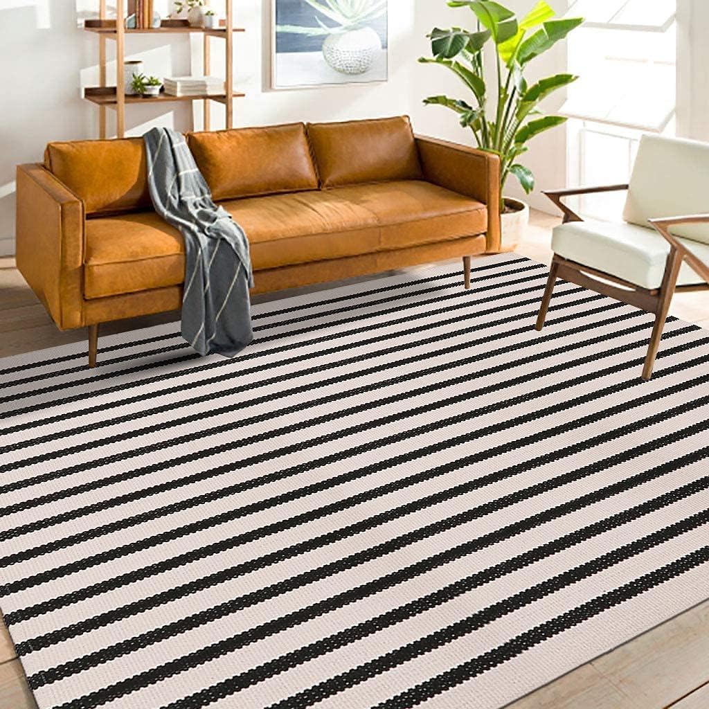 LEEVAN Black and White Striped Outdoor Area Rug for Home