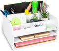 White Bamboo Wood Desk Organizer with Two File Trays - Max Storage