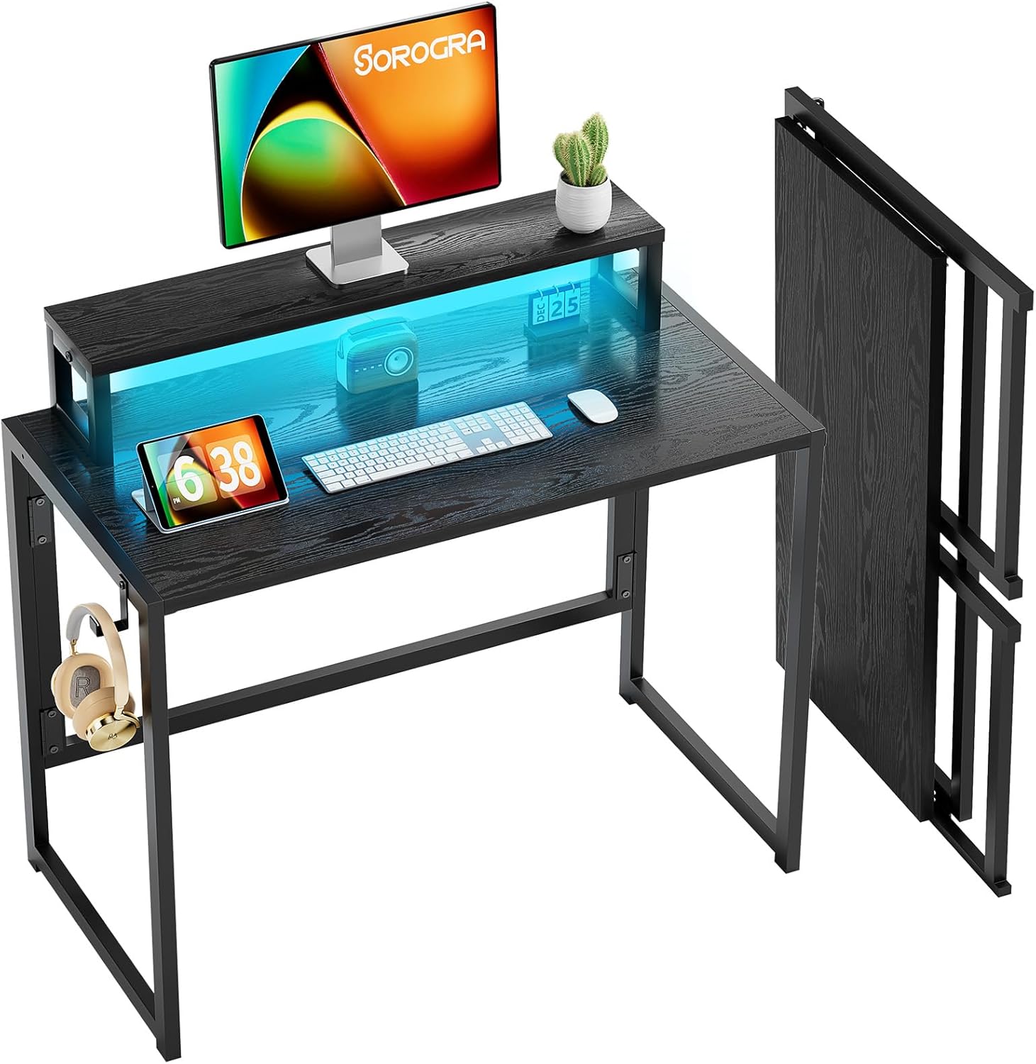 Small Folding Desk with LED Lights and Monitor Stand for Home
