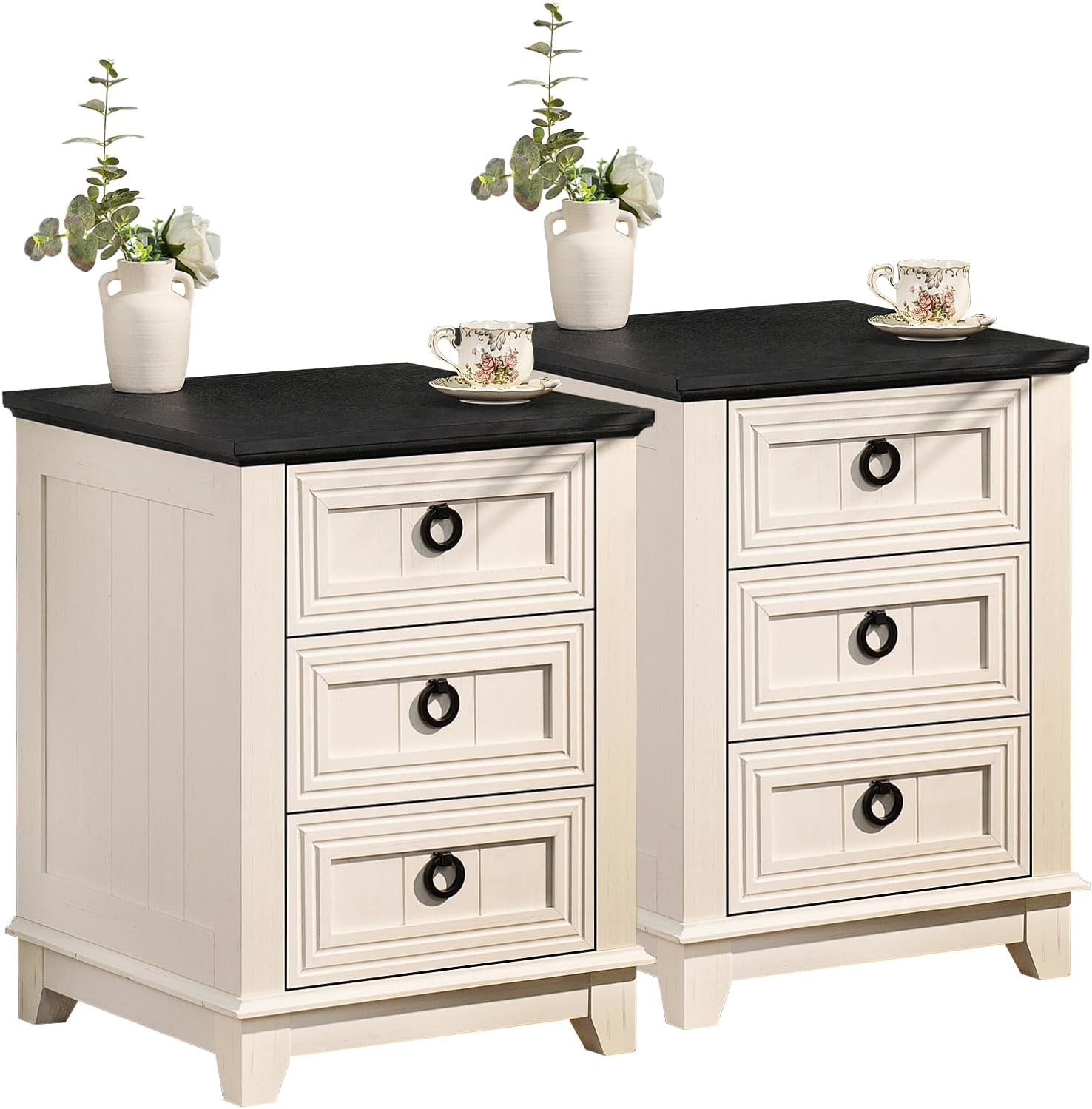 Farmhouse Night Stand Set of 2 with 3 Drawers for Storage