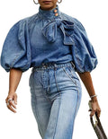 Womens Bow Denim Pullover Top with Puff Sleeves - Stylish Fit