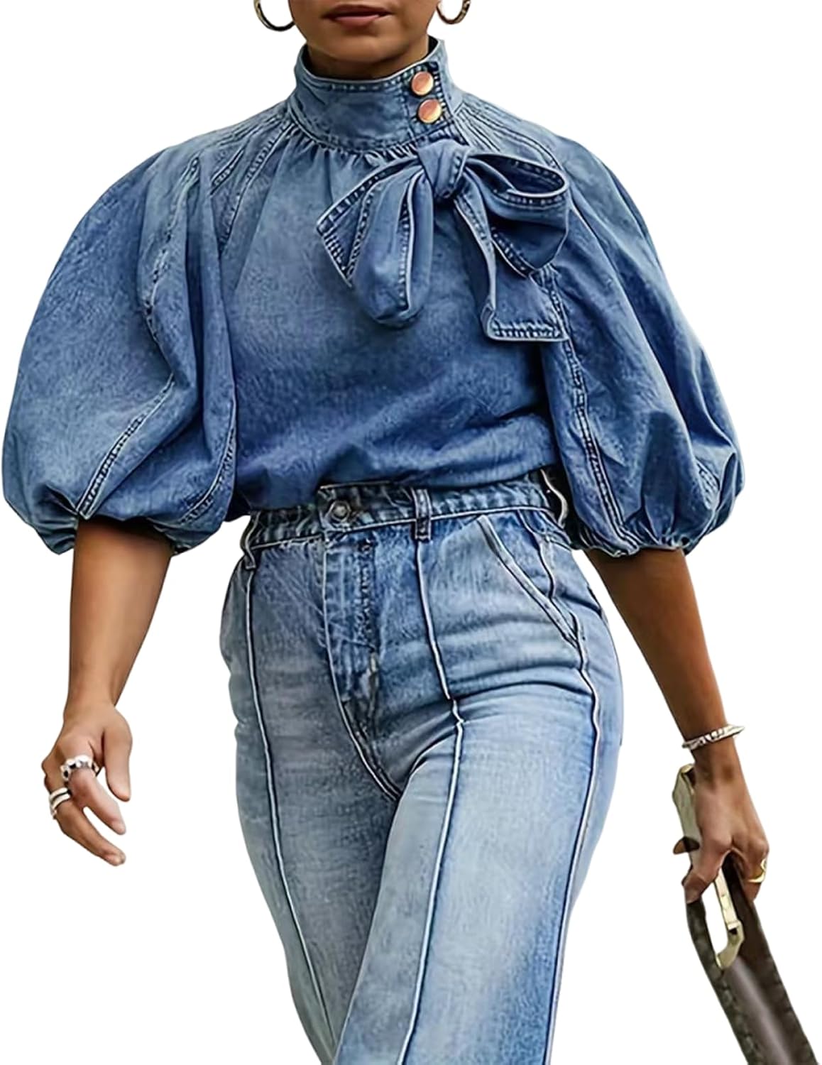 Women's Bow Design Denim Pullover Top with Puff Sleeves