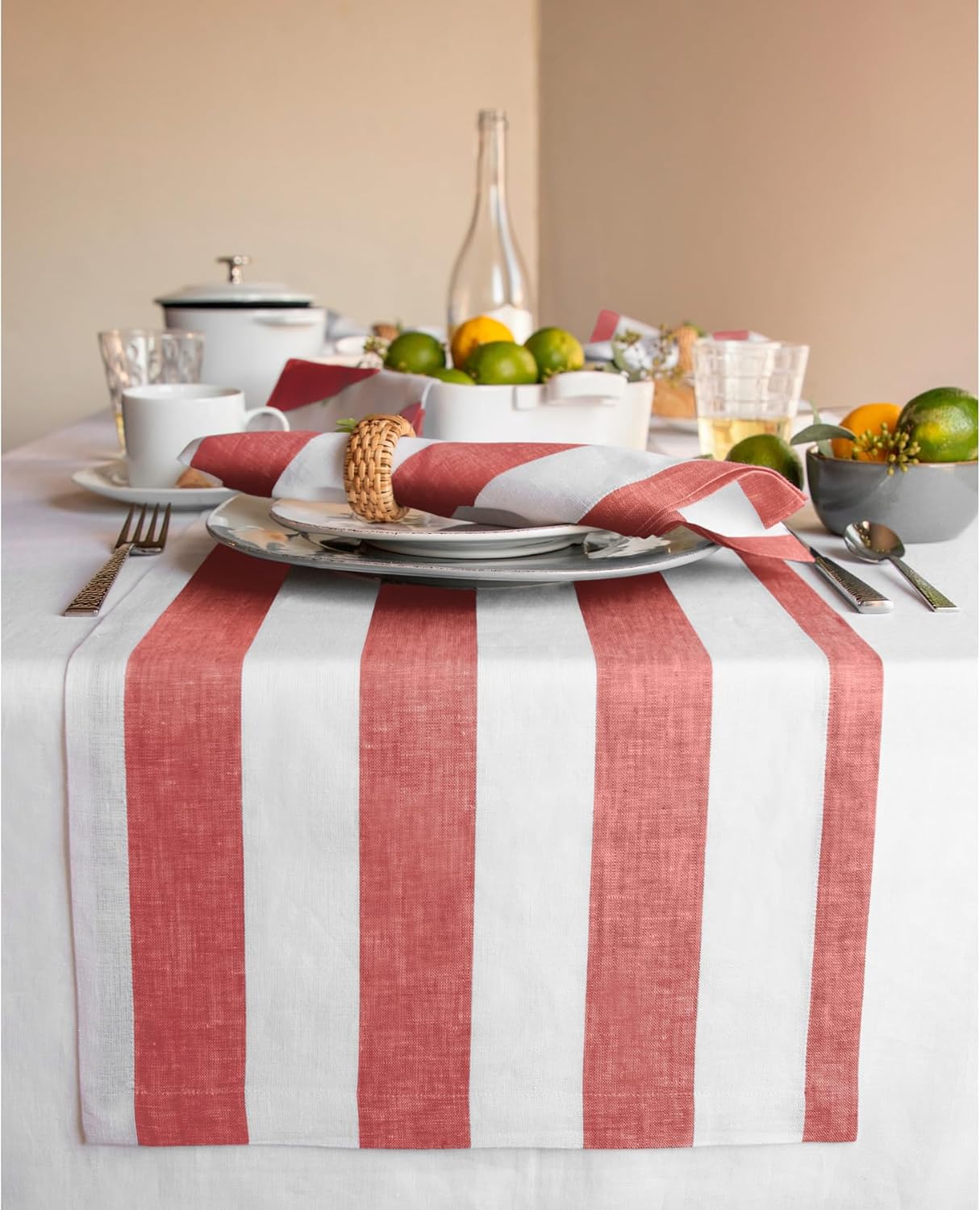 Linen Table Runner 14 x 72 Inch - Red and White Cabana Stripe