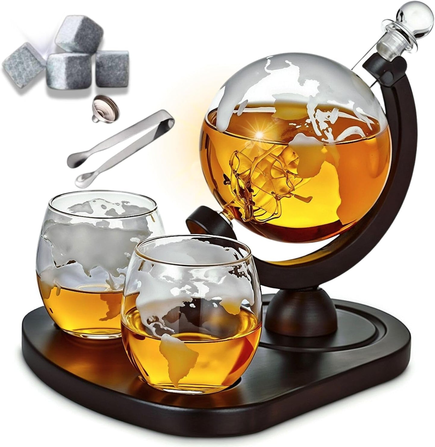 Whiskey Decanter Globe Set with Etched Glasses and Accessories