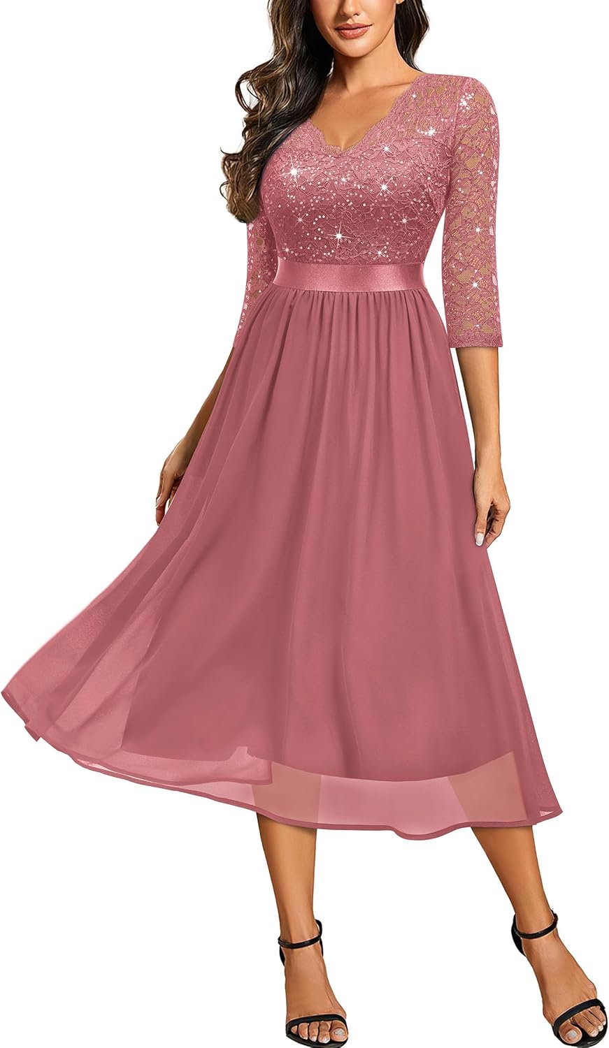 Elegant V Neck Sequin Lace Sleeve Bridesmaid Party Dress
