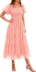 Women's Smocked Midi Tulle Dress - Puffy Sleeve Tiered Midi