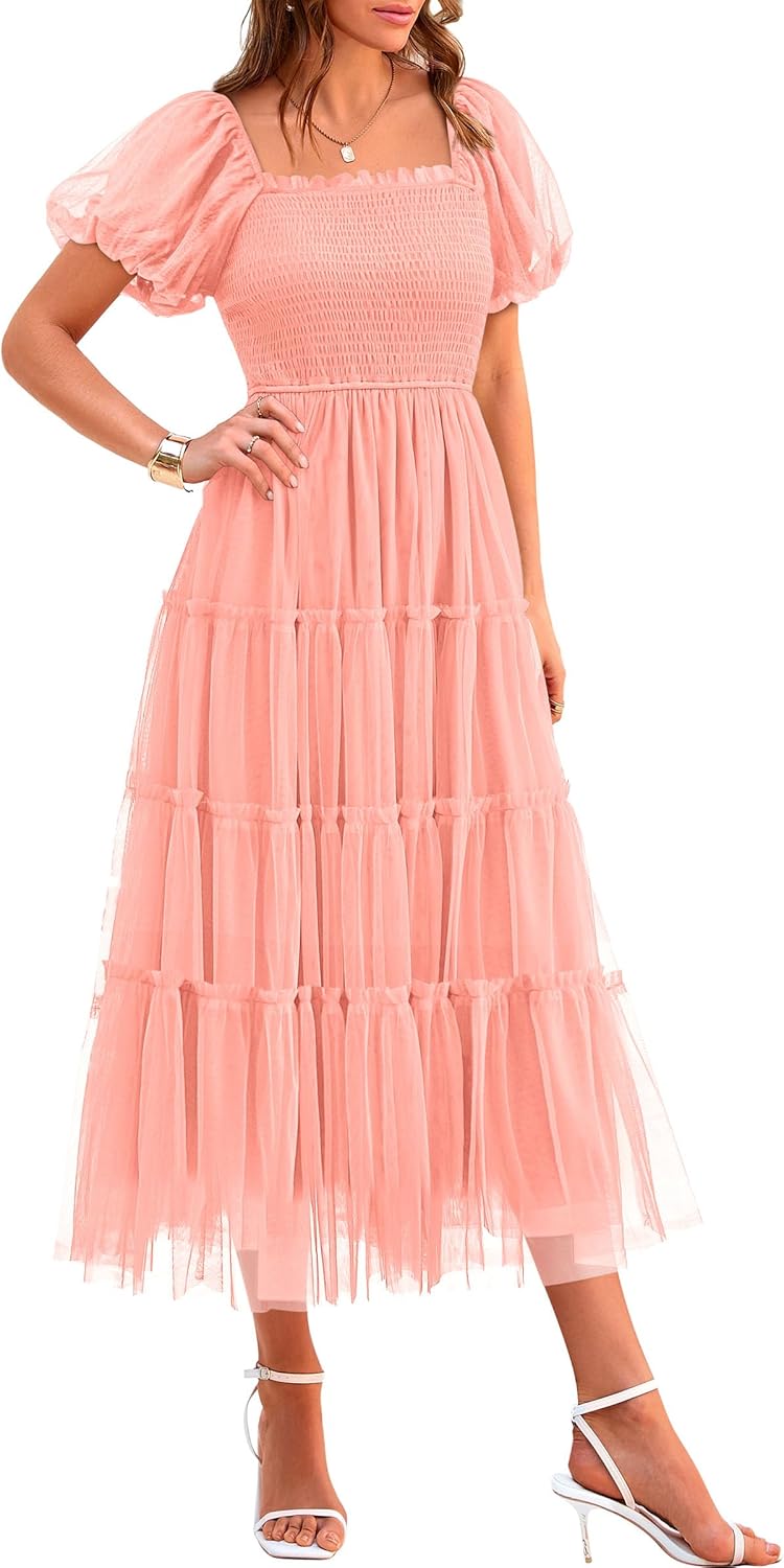 PRETTYGARDEN Women's Smocked Midi Tulle Dress for Summer Events