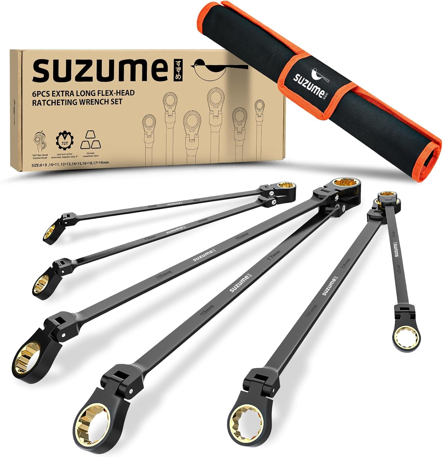 SUZUME Extra Long Flex Head Ratcheting Wrench Set for Tight Spaces