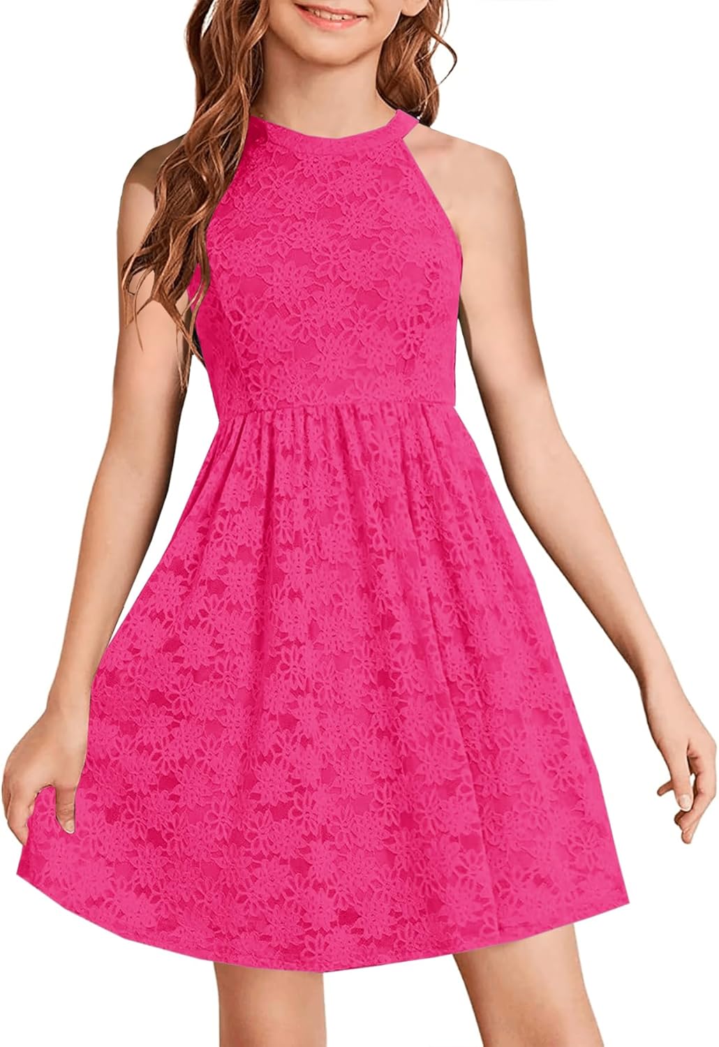HOSIKA Girls Halter Neck Sleeveless Floral Lace Dress