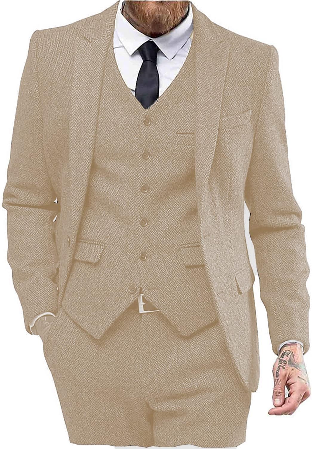 Mens Tweed Herringbone Wedding Suit Prom Tuxedos 3 Piece Set