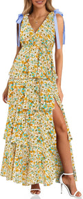 Floral Maxi Dress for Women - Boho Tie Strap Sleeveless V Neck