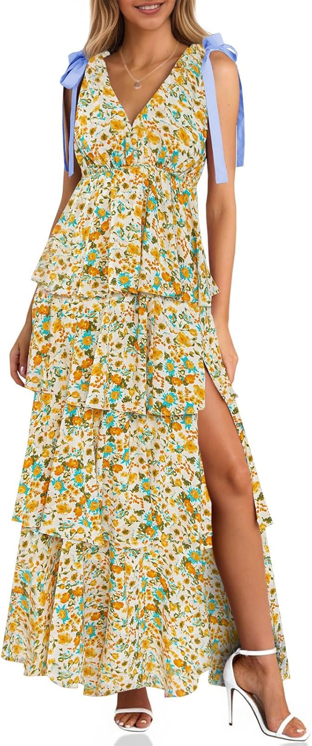 Womens Summer Floral Maxi Dress with Tie Straps and High Slit