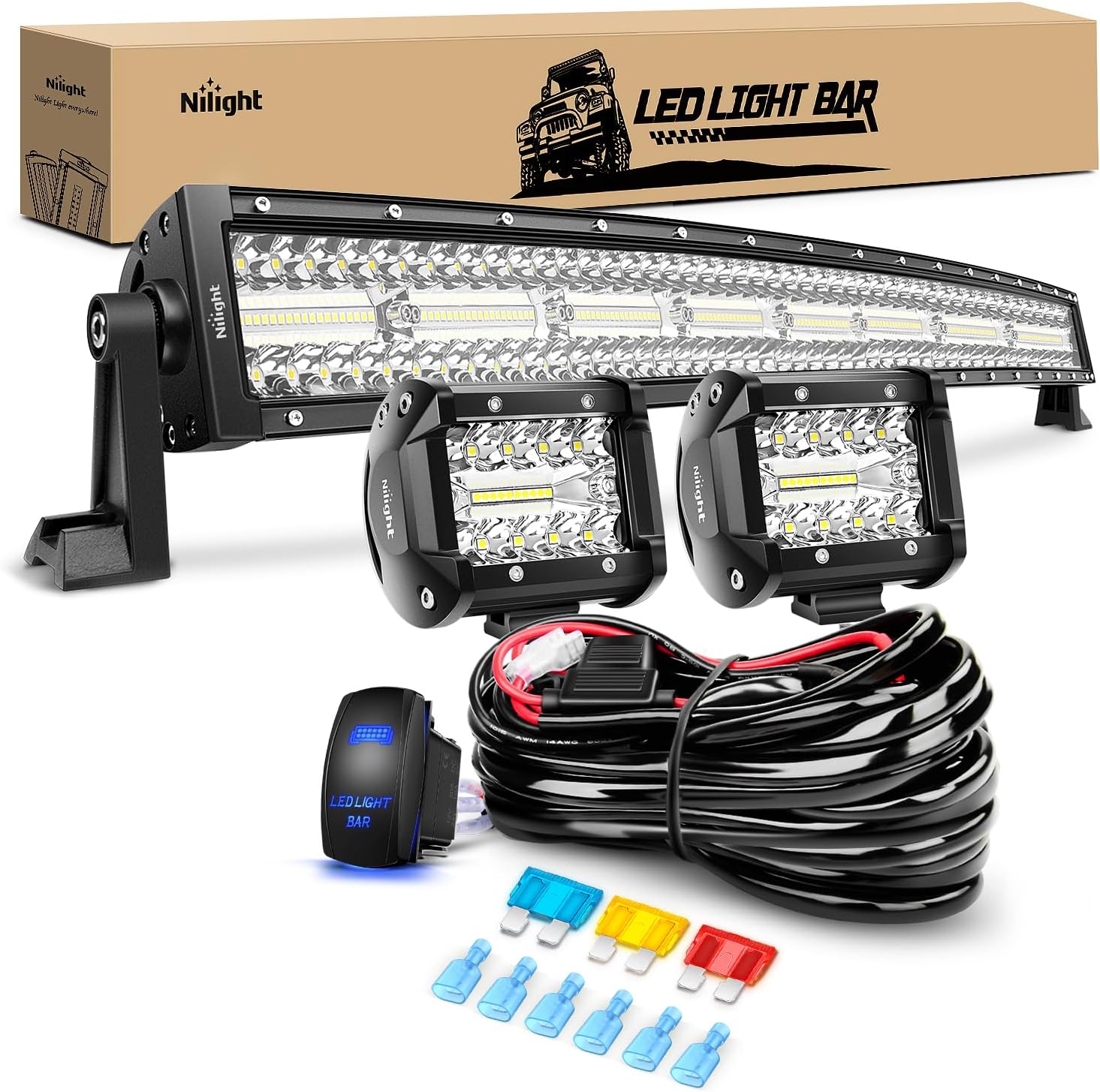 Nilight 33Inch LED Light Bar with 4Inch Spot Flood Lights Pods