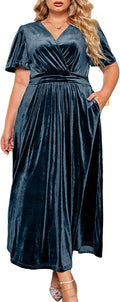 BerryGo Women's Plus Size Velvet Maternity Maxi Dress - High Waisted V