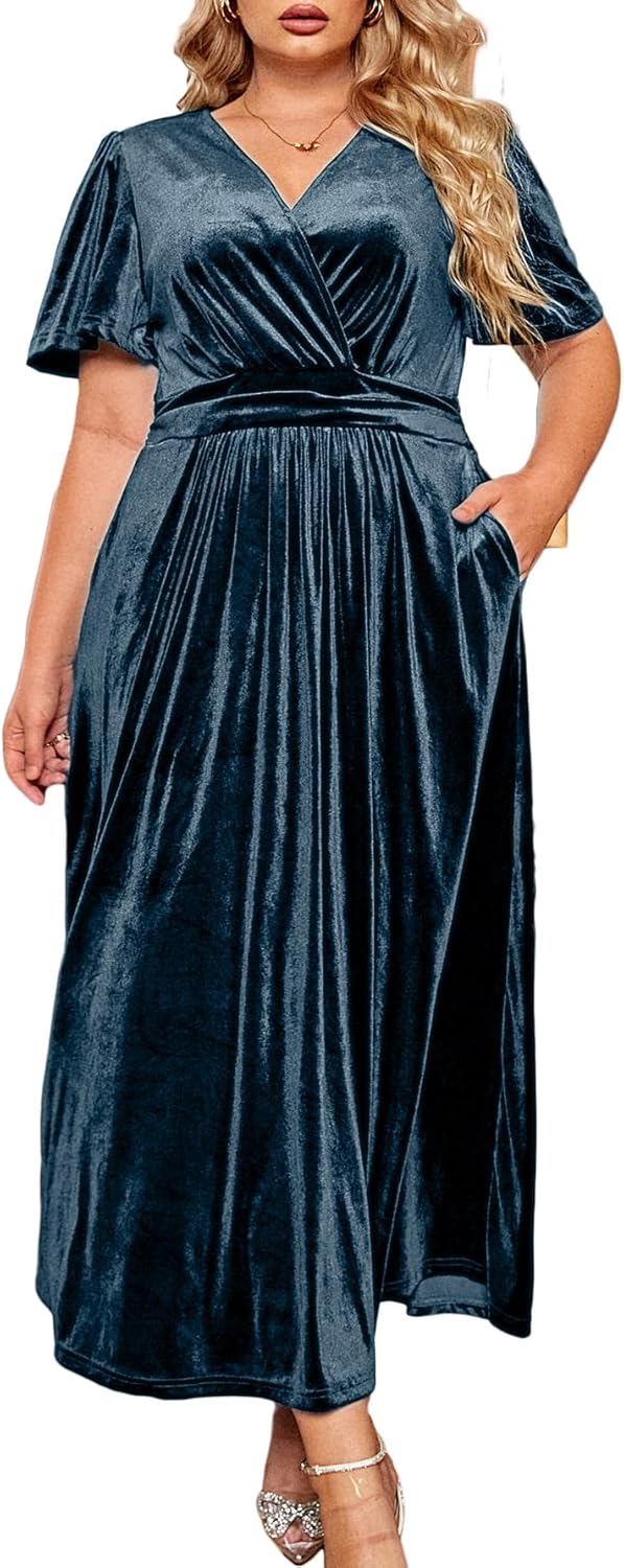BerryGo Plus Size Velvet Maxi Dress for Wedding Guests