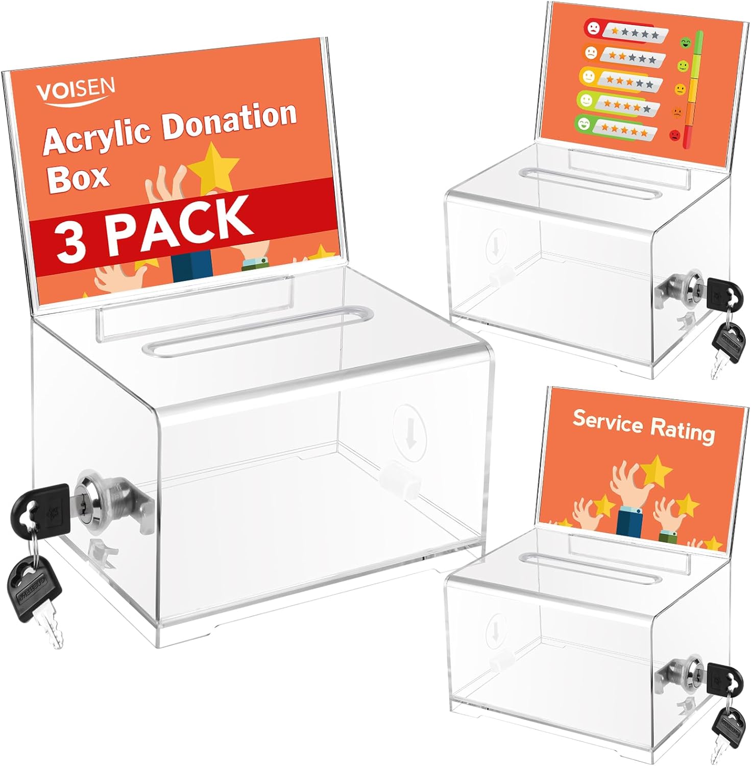 VOISEN Clear Donation Box with Lock for Fundraising and Voting