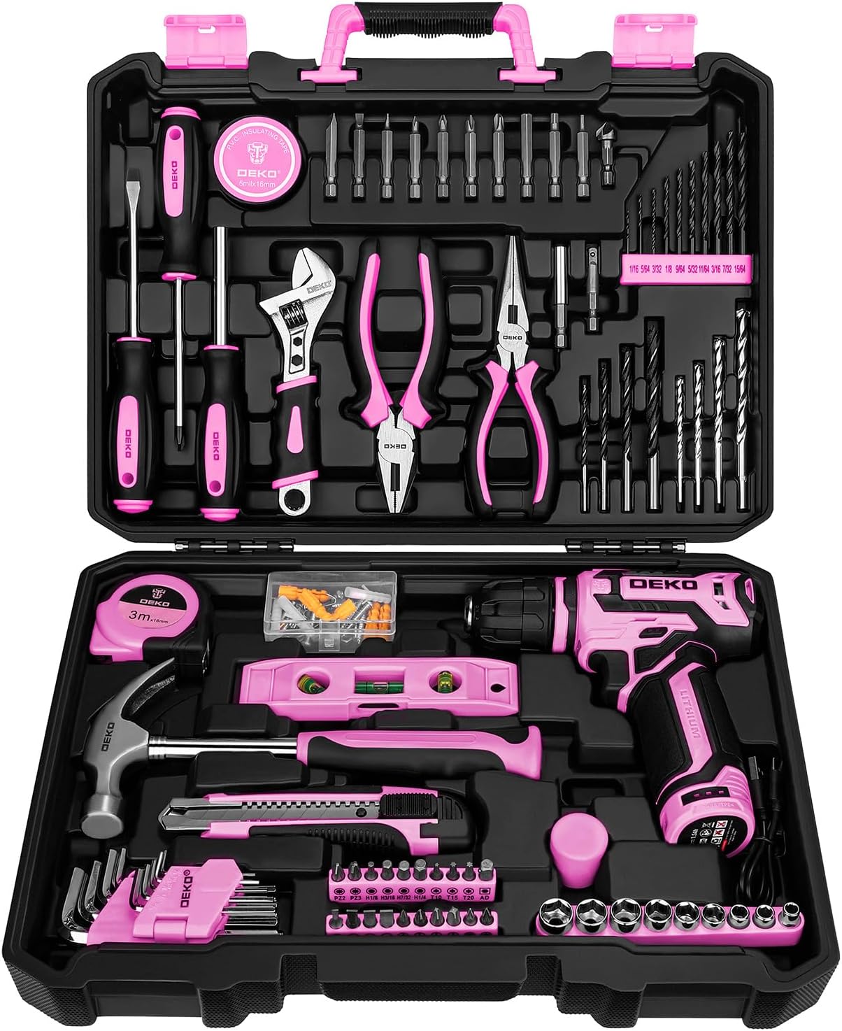Pink Tool Set with 12V Cordless Drill for Home Repairs