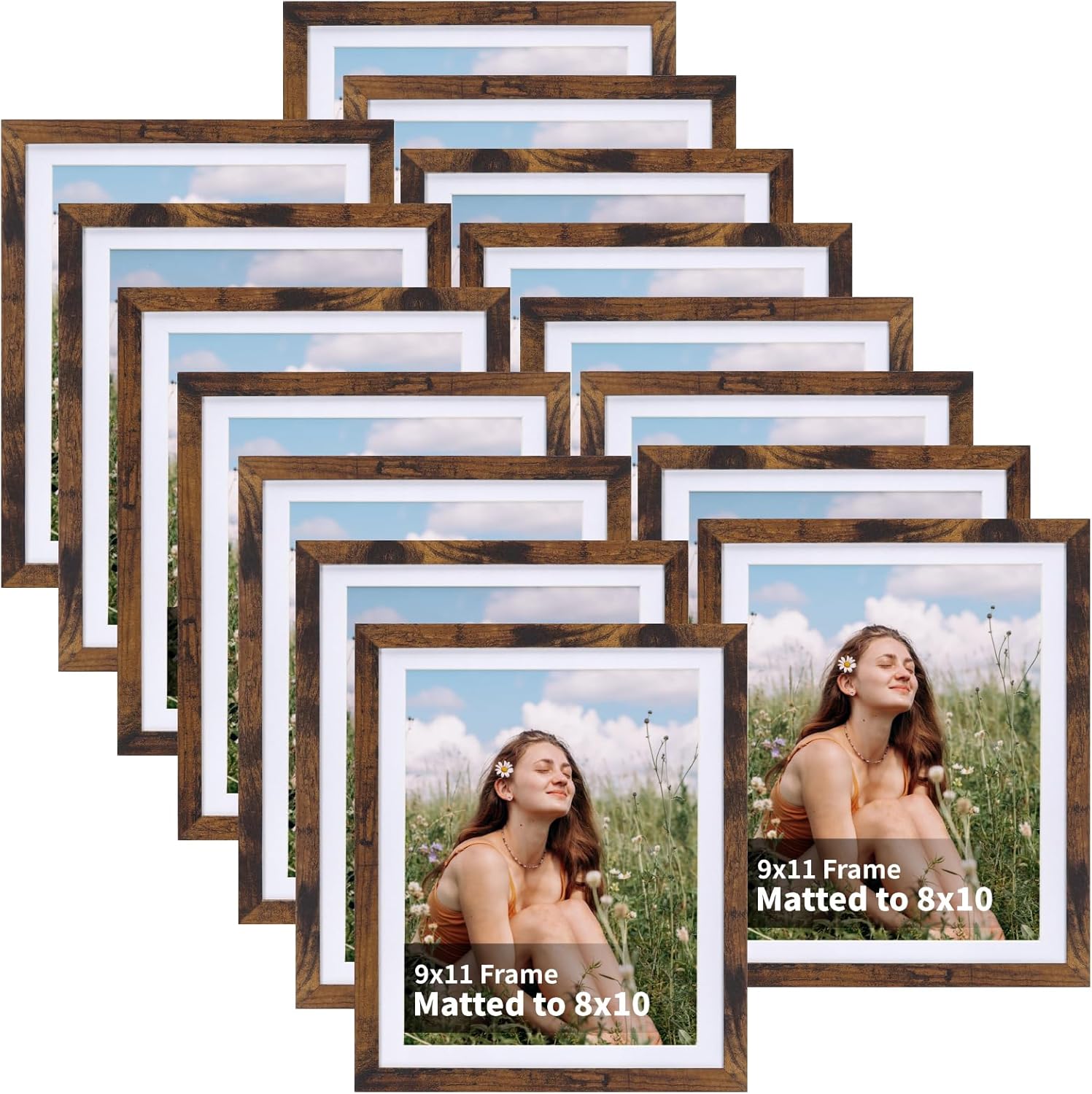 8x10 Picture Frames Set of 15 in Rustic Brown Wood Finish