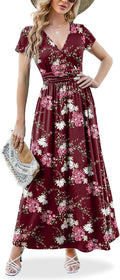 Maxi Dress for Women Wrap V Neck Pleated Empire Waist - With Pockets