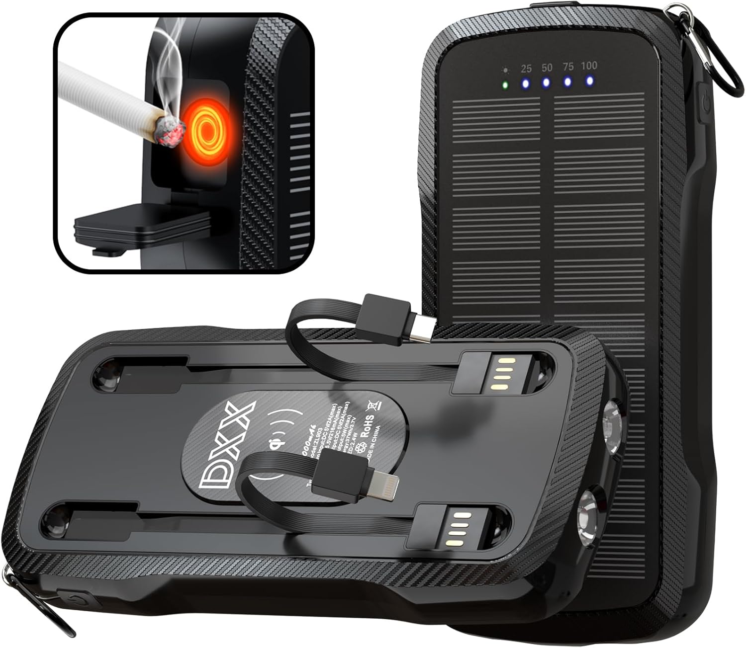 Portable Solar Power Bank 10000mAh - Fast Charging, Dual USB Outputs, Wireless Charging, Flashlights - DXX