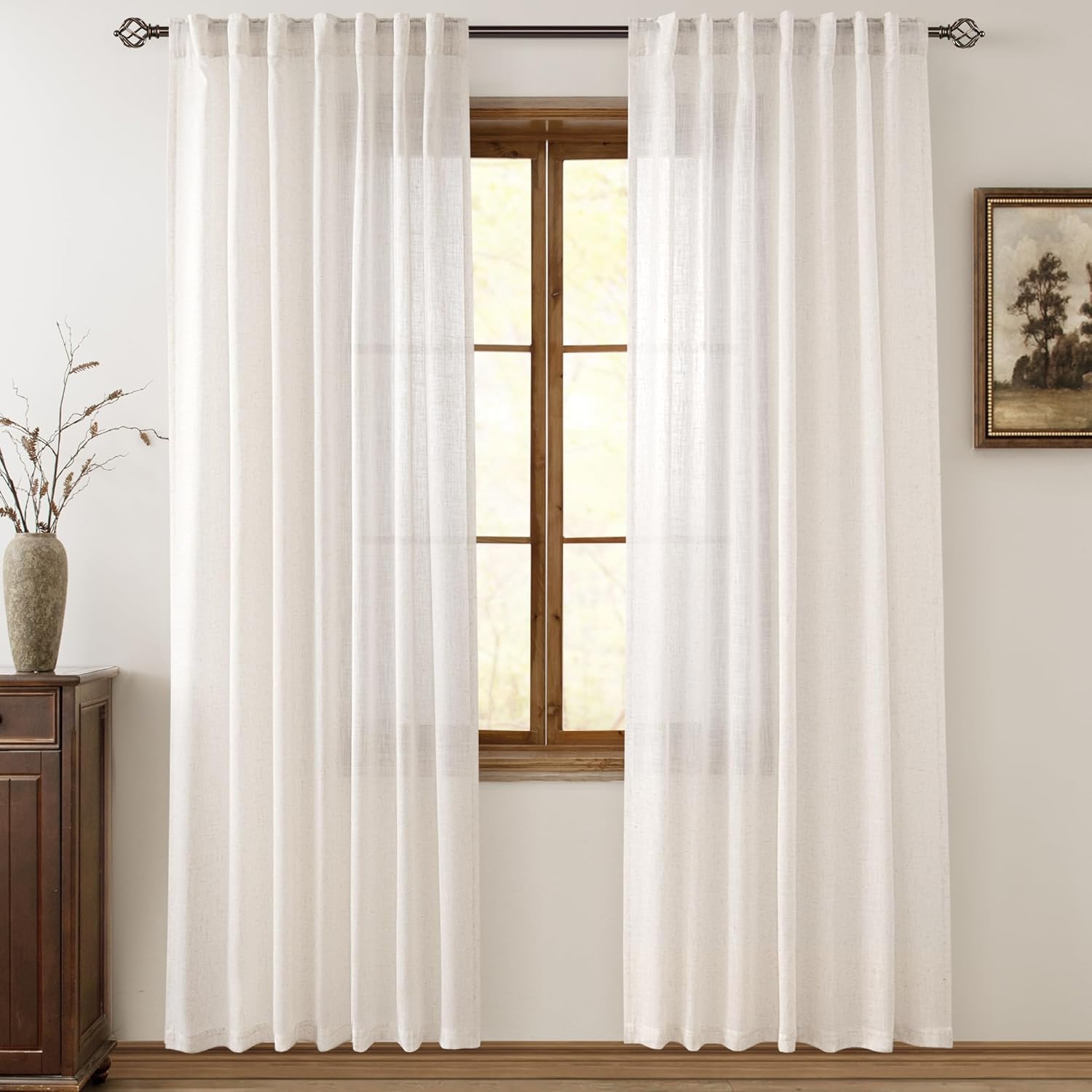 Natural Linen Curtains 80 Inch Length for Rustic Living Room