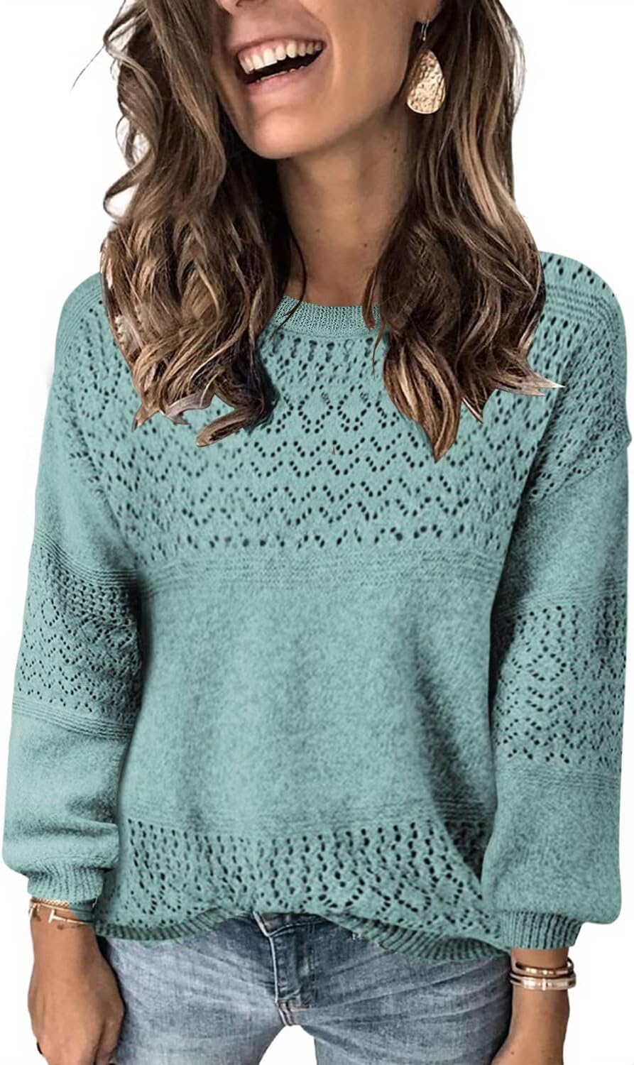 FEKOAFE Womens Sweaters V Neck Long Sleeve Hollow Knit Pullover
