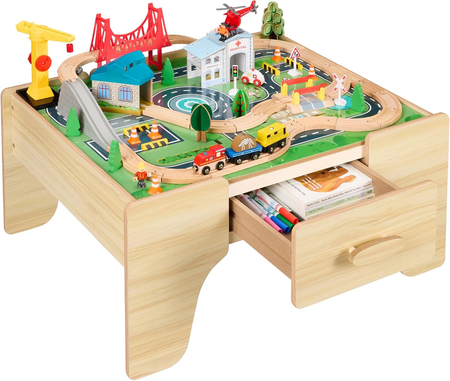 Best Choice Products 56 Piece Wooden Train Table Set for Kids