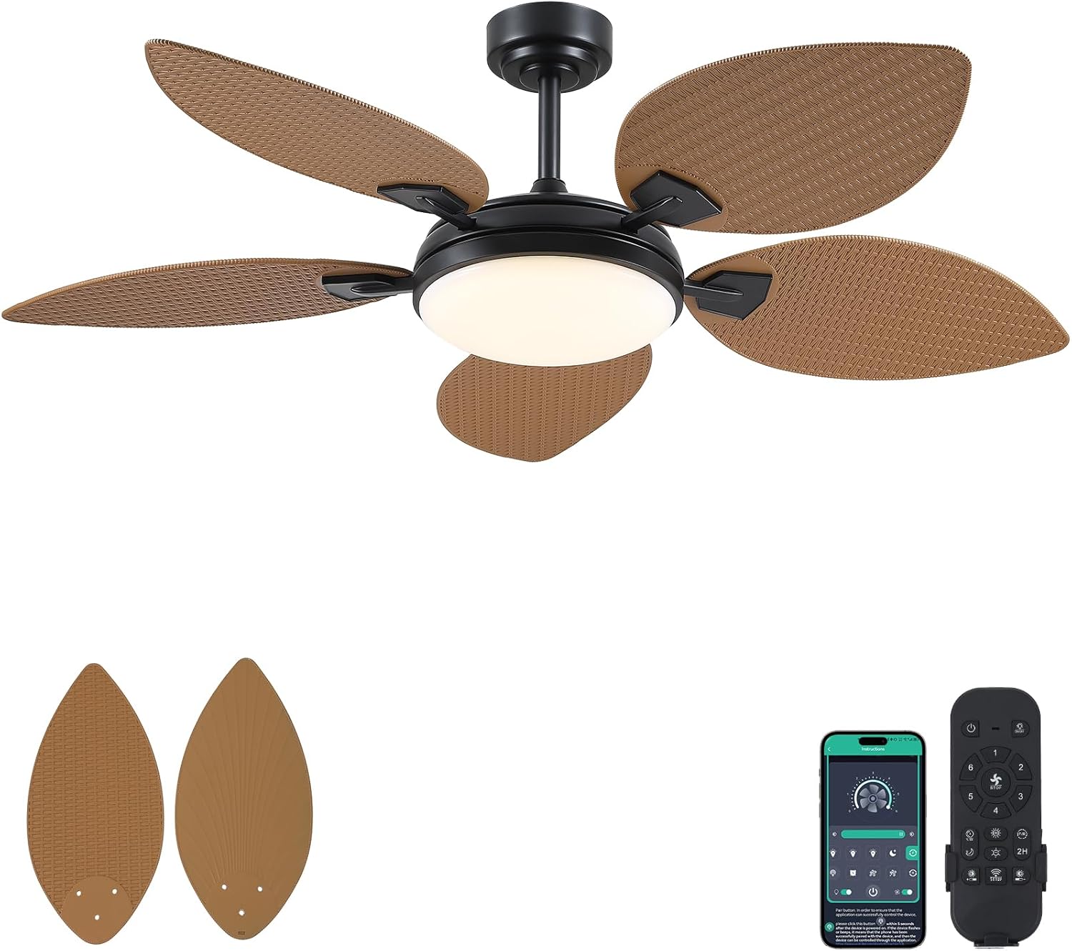 52in Palm Leaf Ceiling Fan with Lights for Outdoor Spaces