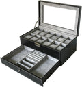 Watch Box Large 12 Mens Black PU Leather Display Glass Top - Elegant