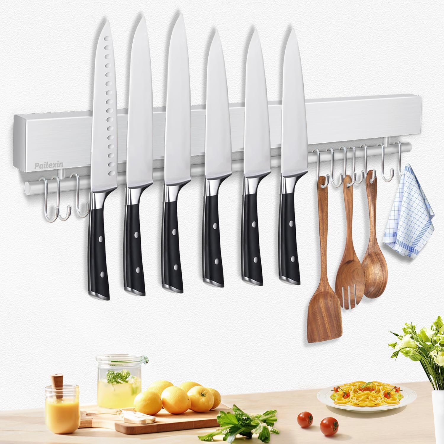 20 Inch Magnetic Knife Holder with Hooks for Kitchen Storage