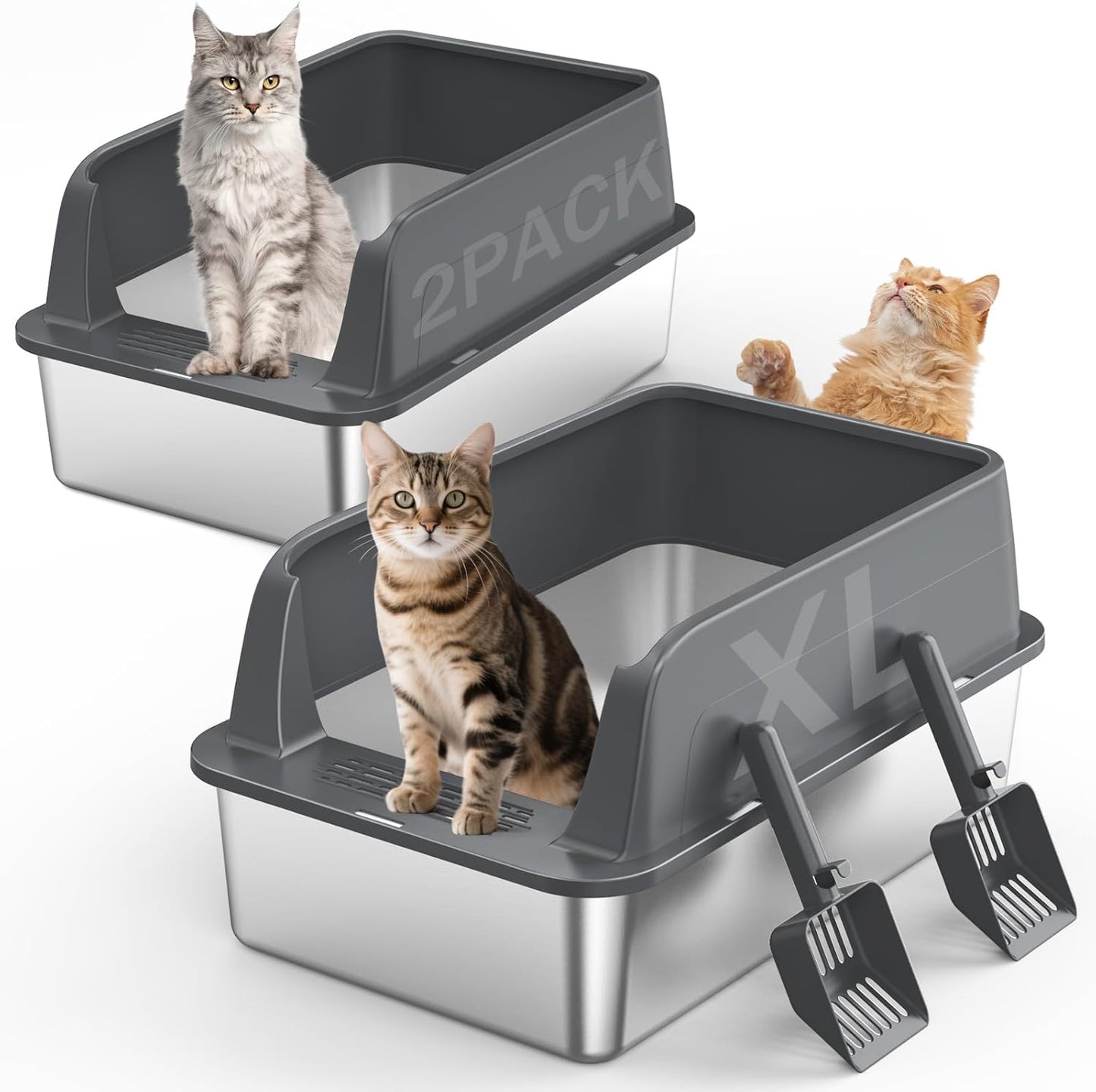 Extra Large Stainless Steel Litter Box for Big Cats - 2PACK