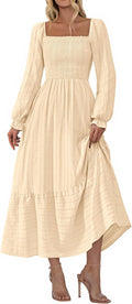 BTFBM Women Maxi Fall Dress Square Neck Smocked Boho - Elegant
