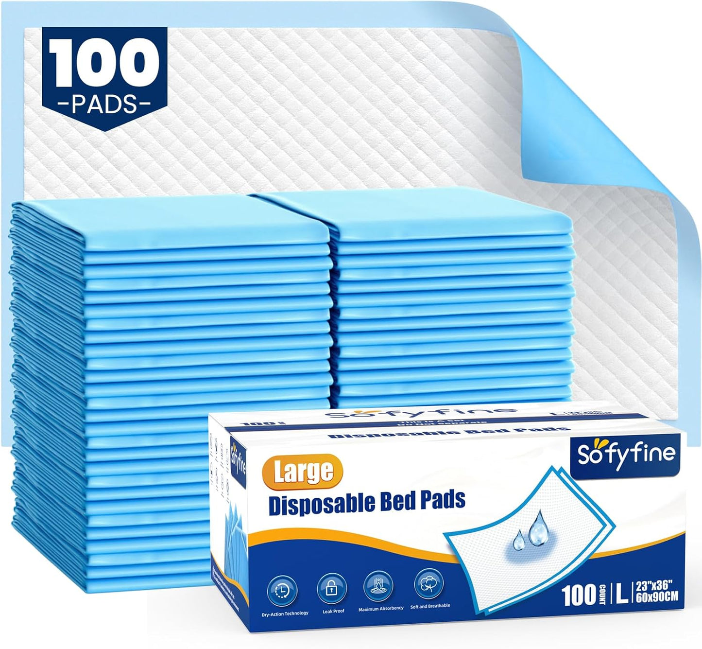 100 Count Disposable Bed Pads for Adults and Kids by SOFYFINE