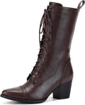 Women's Mid Calf Combat Boots Lace Up with Side Zipper - Warm Faux