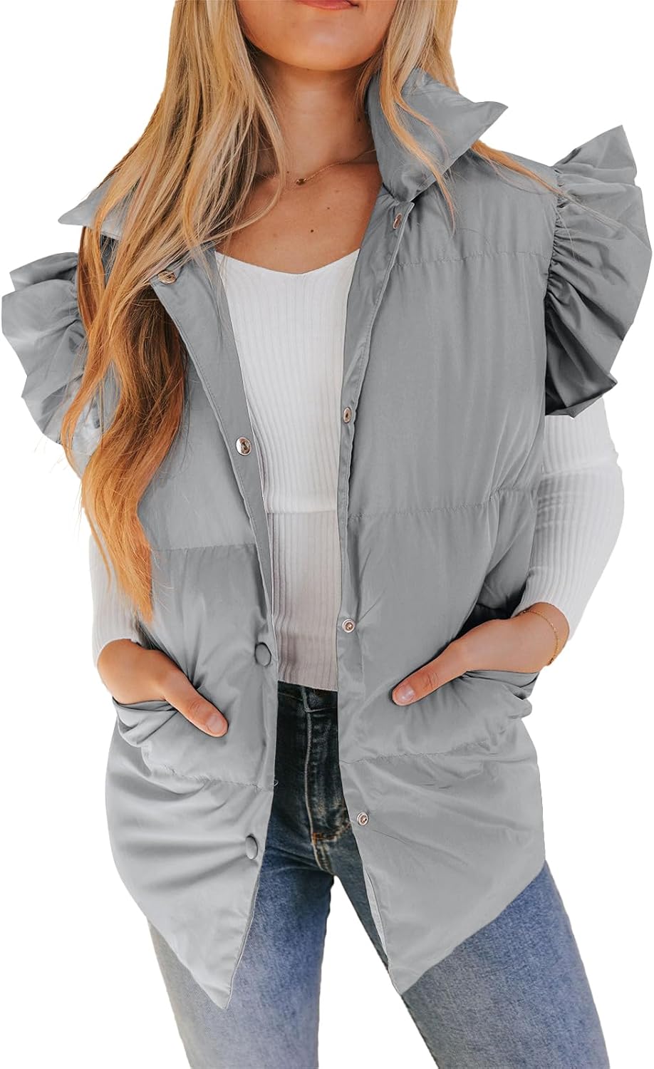 Valphsio Women's Puffer Vest with Ruffle Sleeves for Winter Style