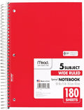 Mead Spiral Notebook 5 Subject Wide Ruled - Durable, 180 Sheets